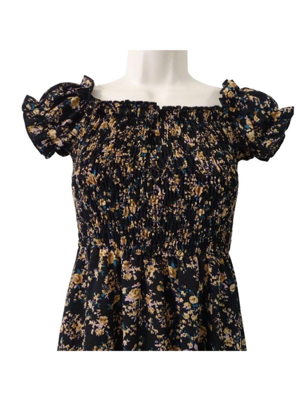 Floral Smocked Off-Shoulder Maxi Dress Black Women Size S Cottagecore Boho - Picture 2 of 10